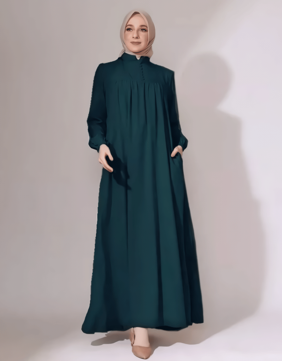Gamis Hijau Botol dan Jilbab Latte
