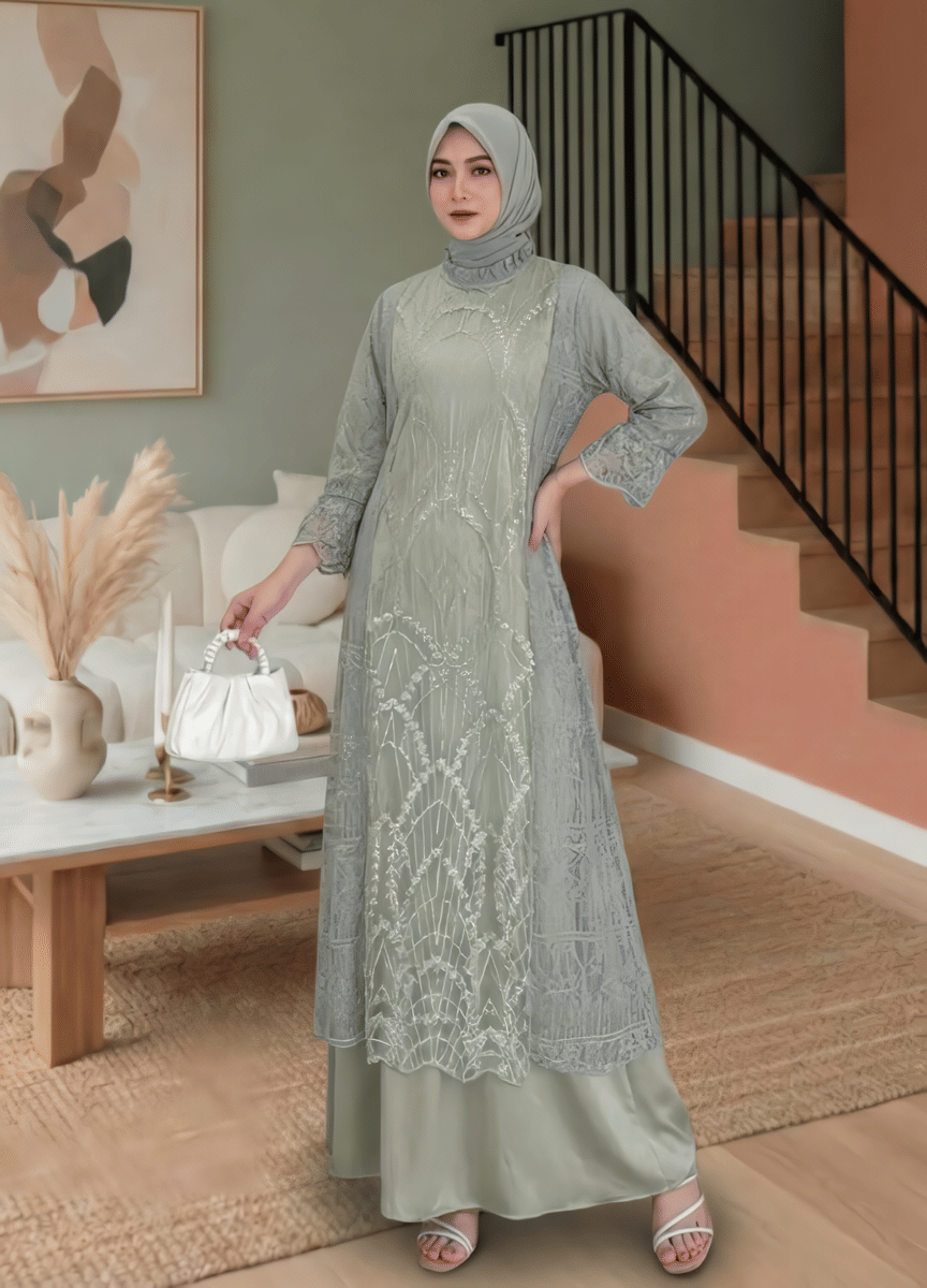 Gamis Hijau Sage dan Hijab Hijau Sage