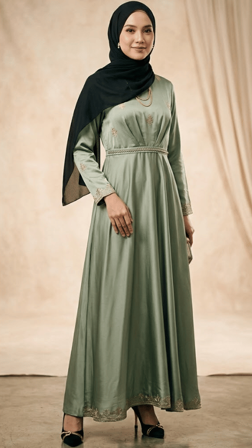 Gamis Hijau Sage dan Hijab Hitam 