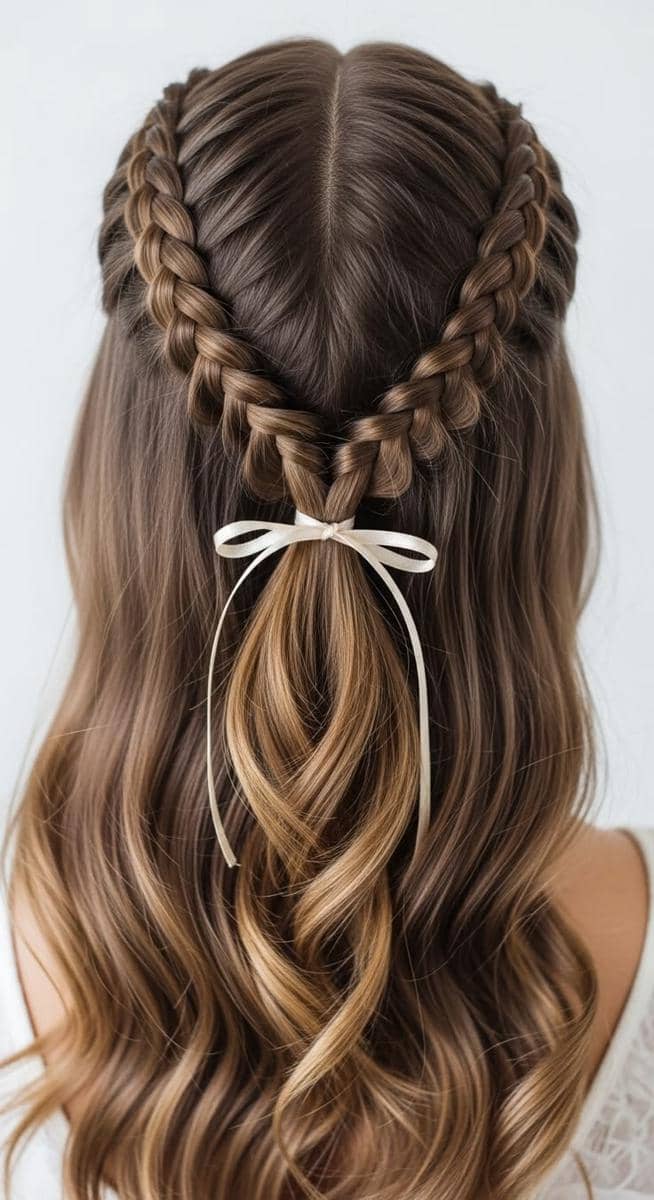 tatanan rambut half up dengan pita 