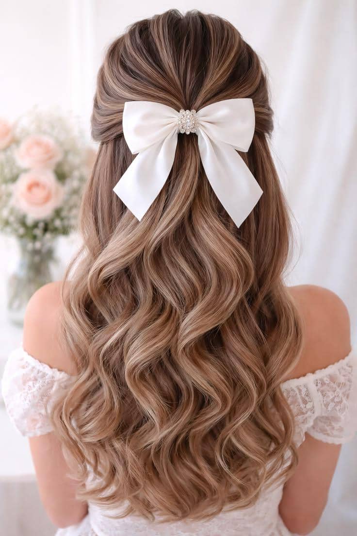 tatanan rambut half up dengan pita 