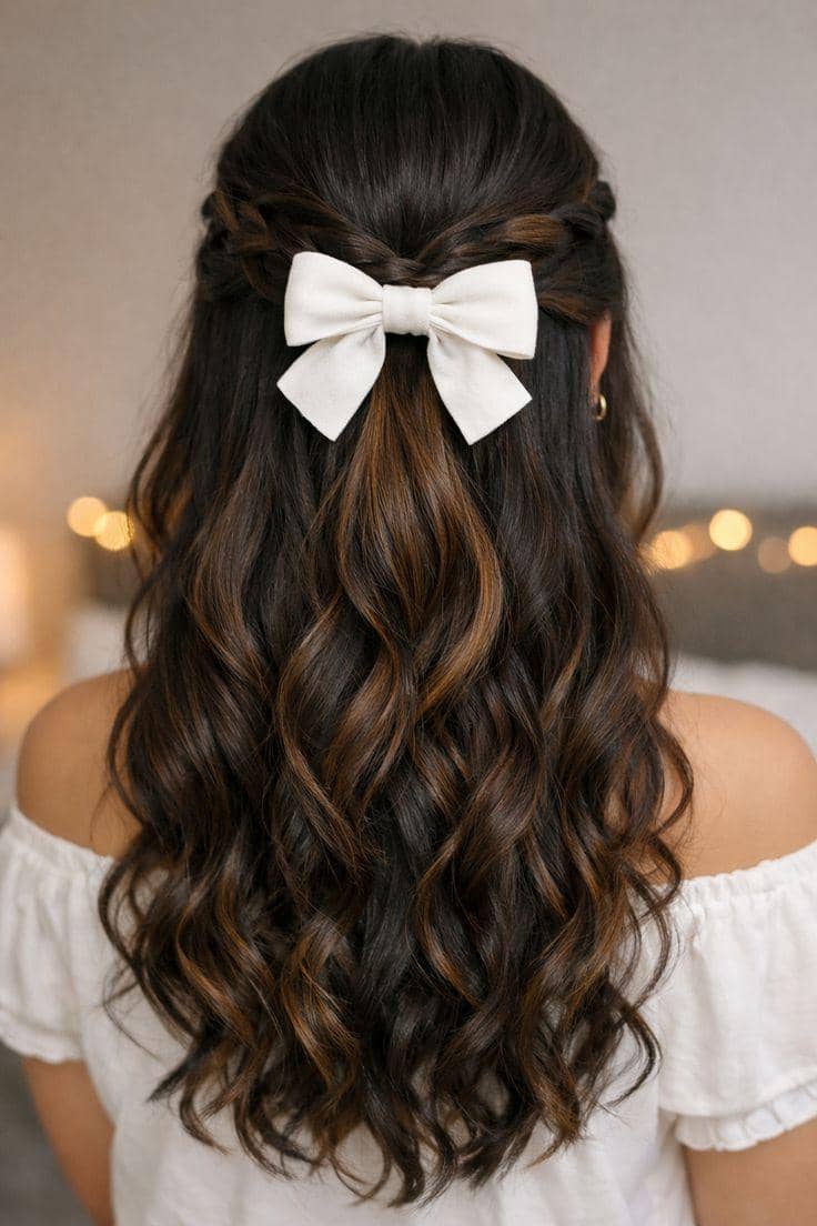 tatanan rambut half up dengan pita 