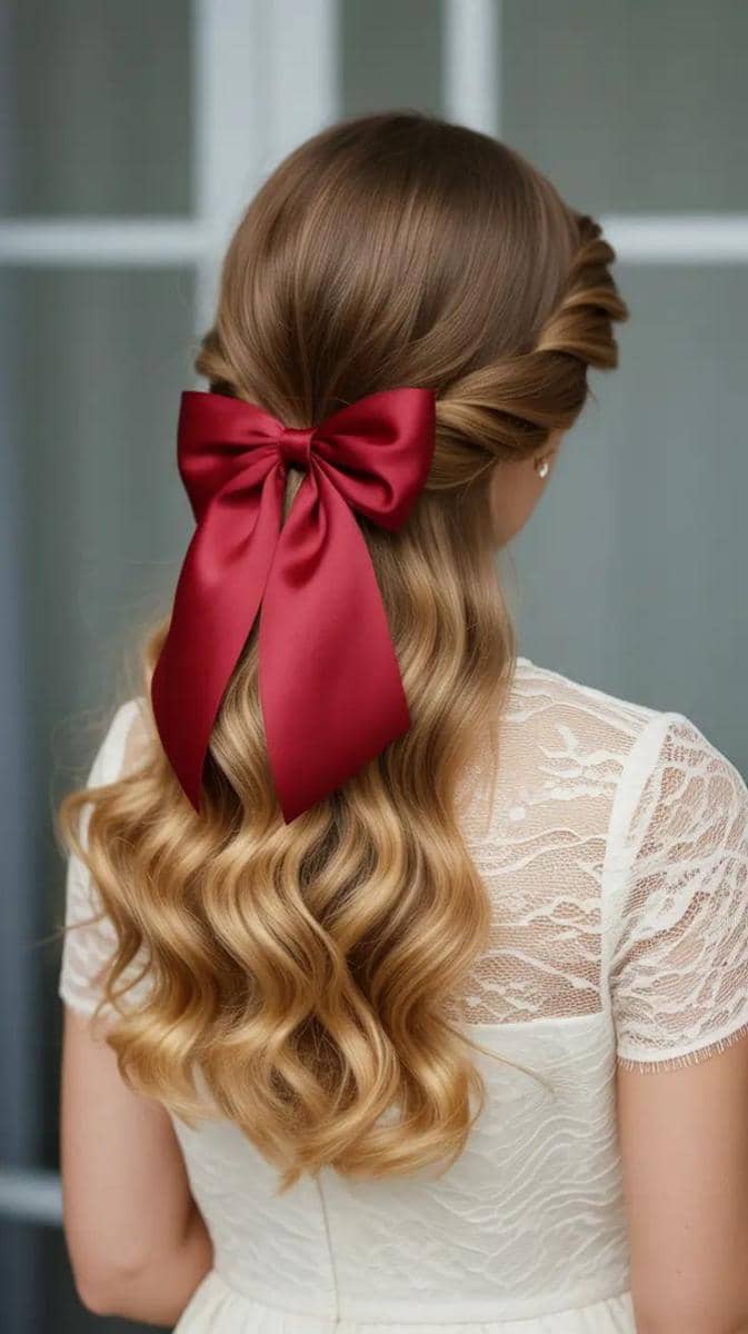 tatanan rambut half up dengan pita 