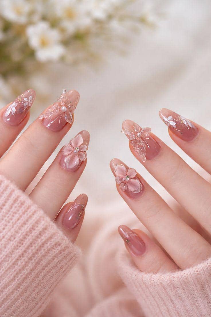 inspirasi nail art floral pinkish