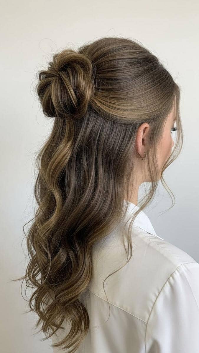 variasi half up bun hairstyle