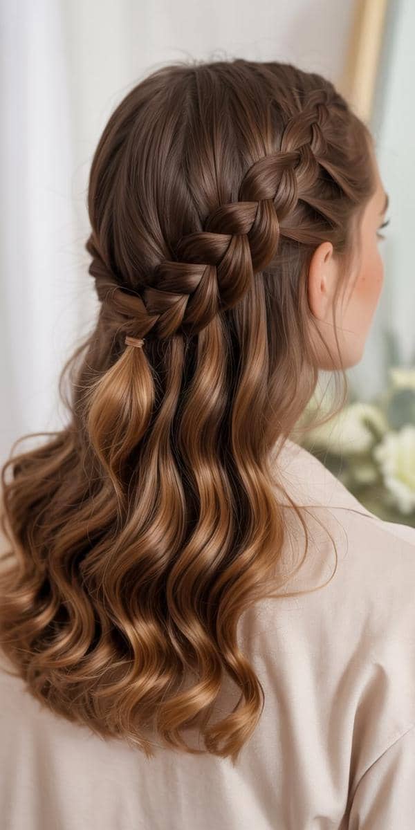 variasi tatanan rambut half up dengan kepang