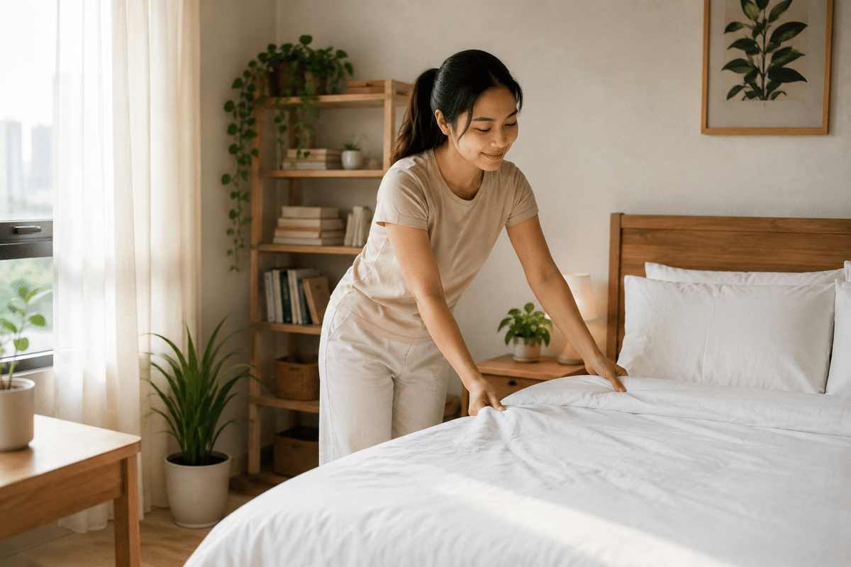 Perempuan sedang merapikan tempat tidur di kamar yang terang dan nyaman.