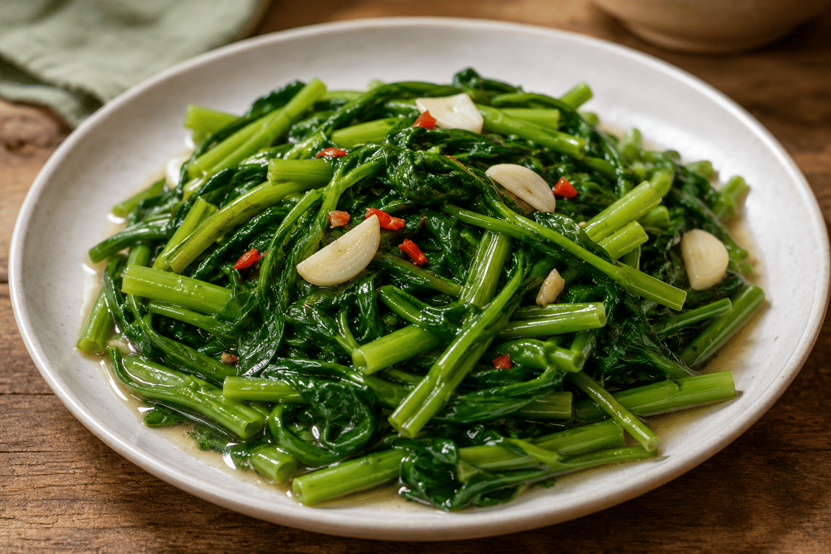 Tumis kangkung hijau dengan cabai merah disajikan di atas piring.