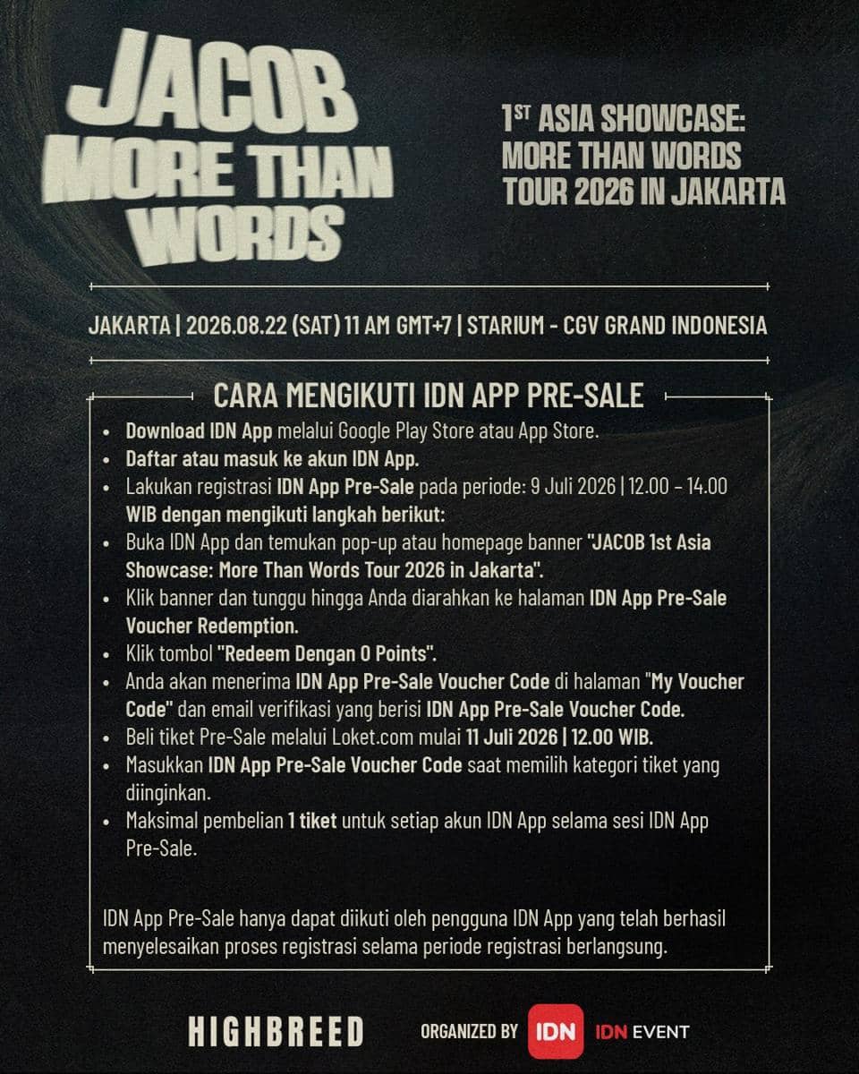 Poster informasi showcase Jacob THE BOYZ bertajuk More Than Words Tour 2026 di Jakarta dengan detail jadwal dan cara pembelian tiket pre-sale melalui IDN App.