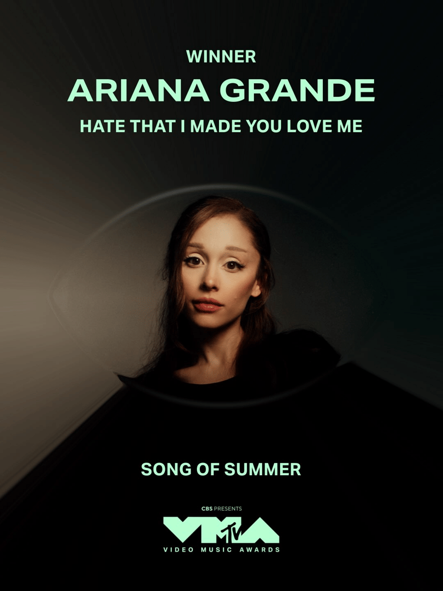 Ariana Grande memenangkan kategori Song of Summer untuk "hate that i made you love me" di MTV VMAs 2026