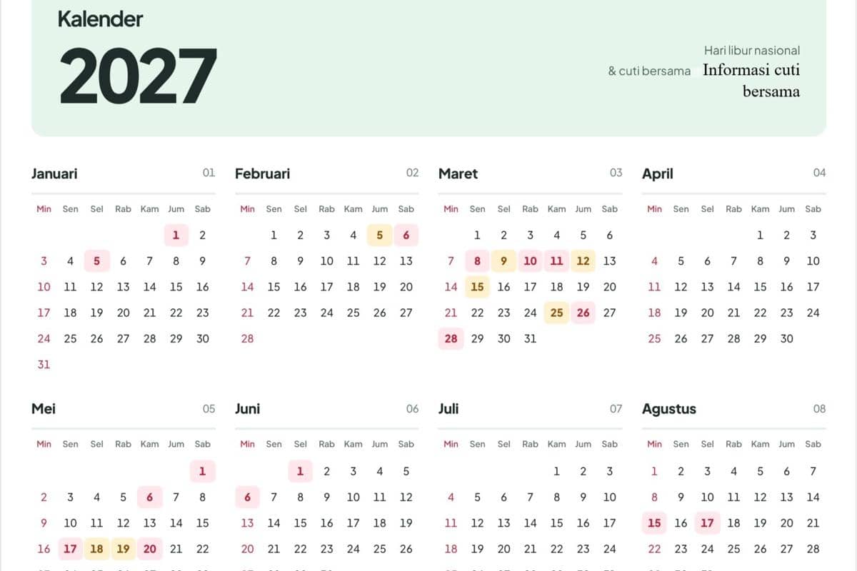 Kalender 2027 Lengkap dengan Tanggal Merah dan Cuti Bersama