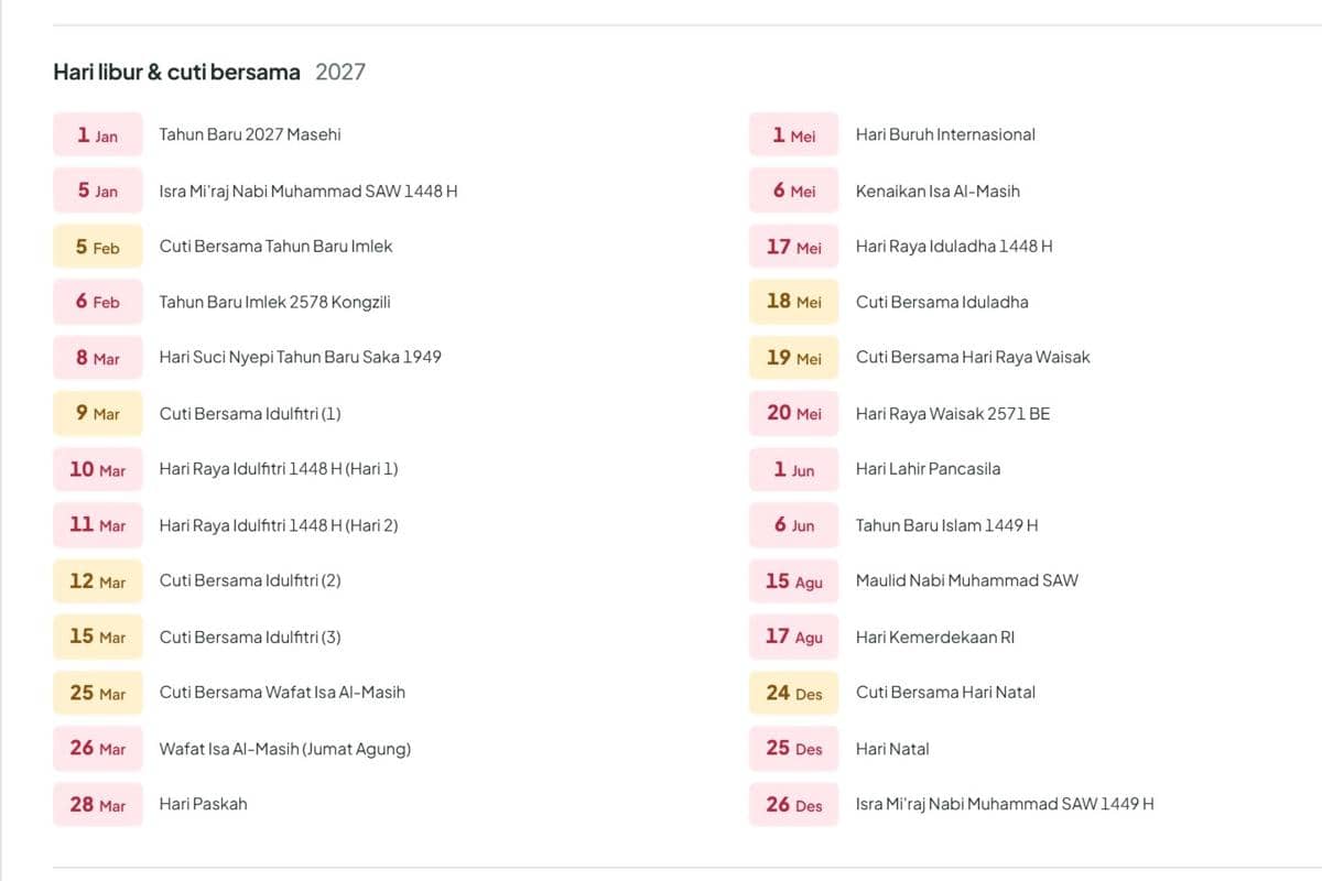 kalender 2027 lengkap dengan tanggal merah